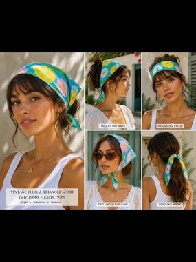 Floral Triangle Scarf Headband - Green Multicolour Vintage 1960s